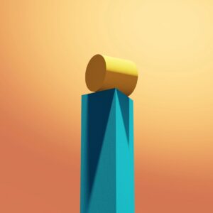 A cylinder is balancing at the edge of a column block shape. Balance, achievement, victory, accomplishment and performance concepts.