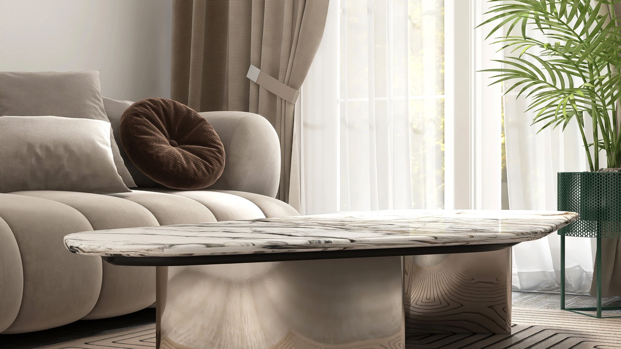 Elegant living room with beige sofa and marble coffee table